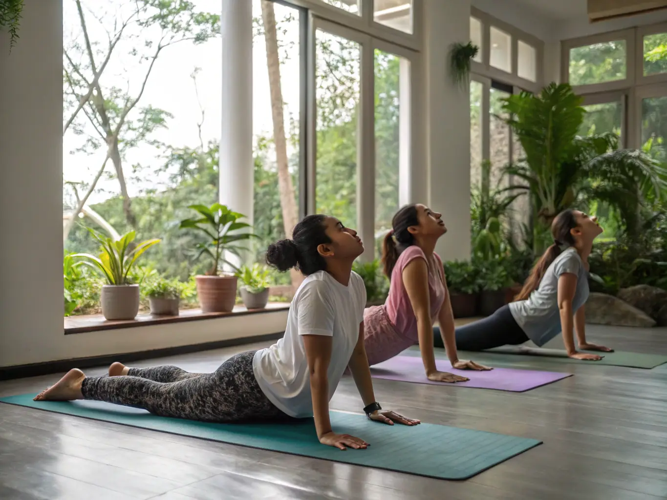 A focused image of individuals practicing yoga poses in a serene studio setting, emphasizing mindfulness, flexibility, and core strength.