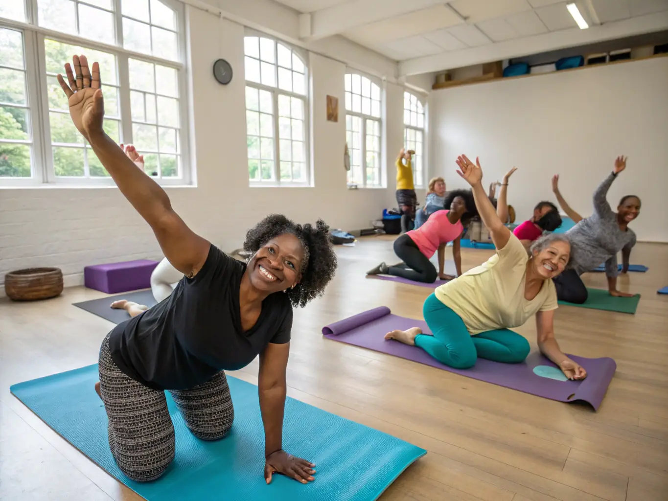 A group of adults participating in a low-impact aerobics class, focusing on gentle movements and stretching, led by an instructor in a bright studio.