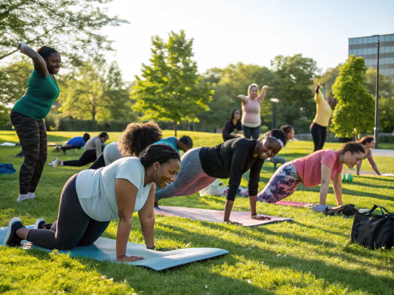 A group of smiling people of various ages participating in a gentle stretching exercise during a GVS gymnastics session in a sunny park.