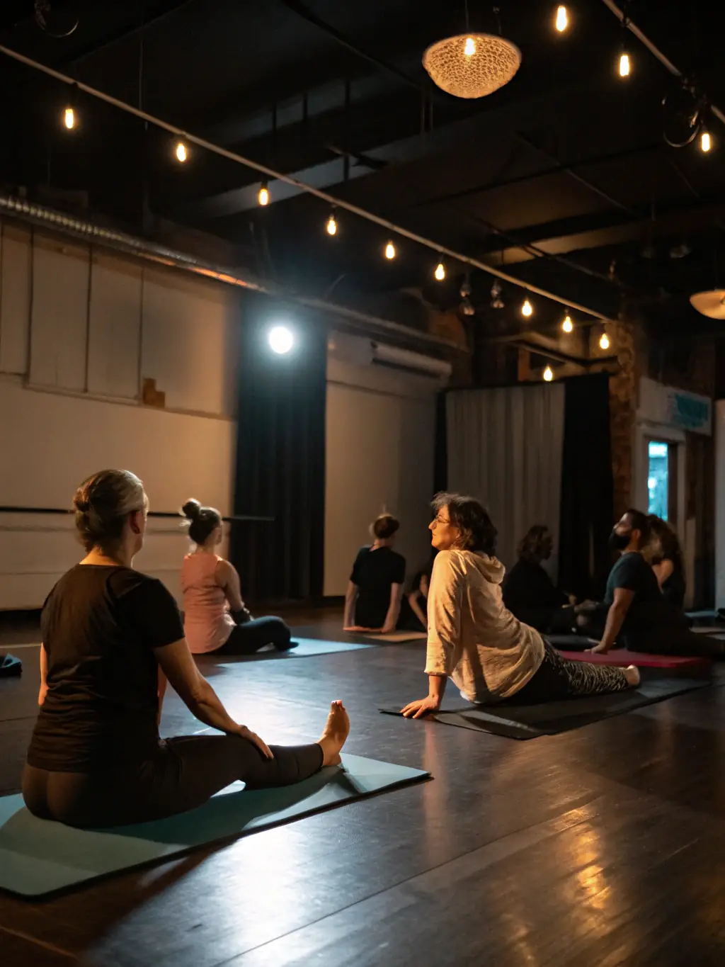 A group of seniors doing stretching exercises in a well-lit studio, focusing on flexibility and balance.
