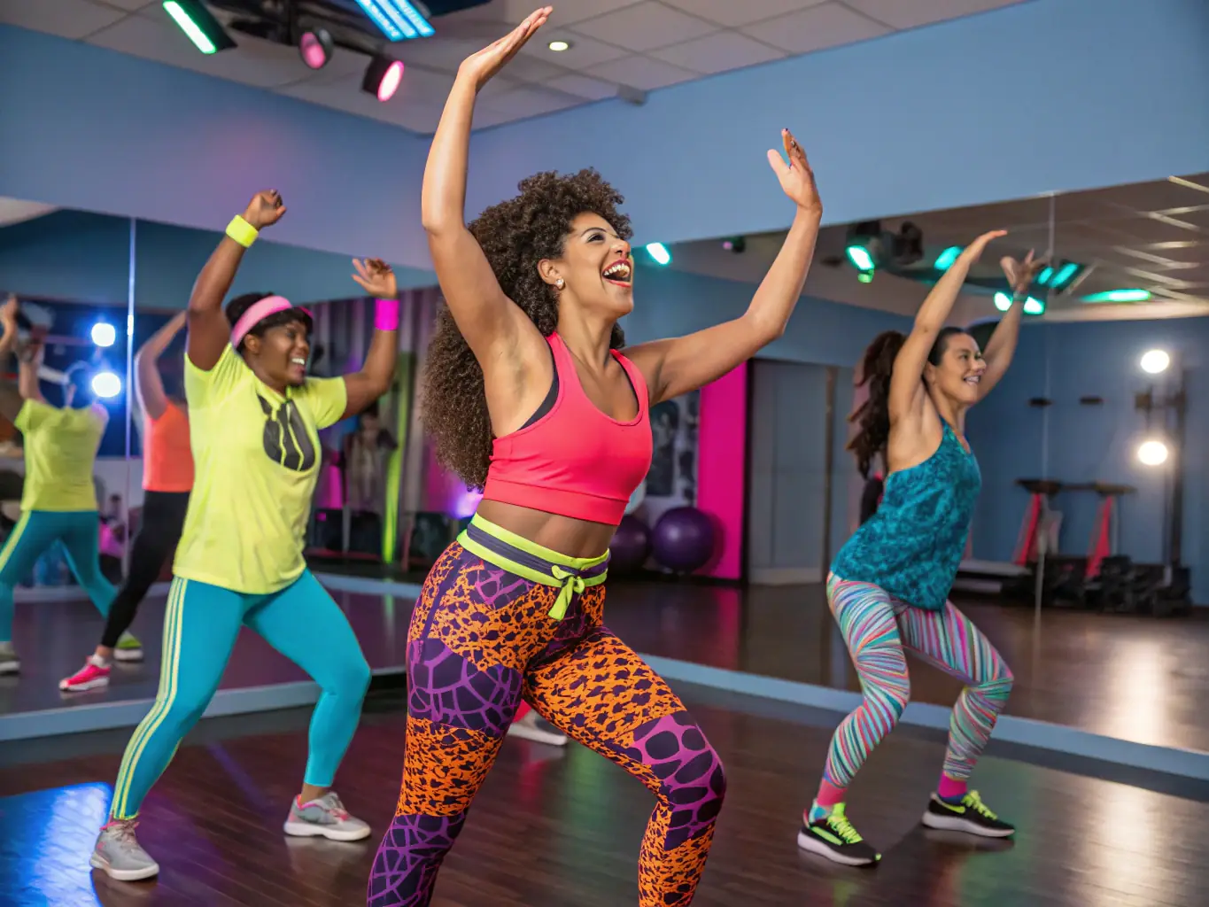 A dynamic image of participants engaged in a high-energy Zumba class, with vibrant colors and energetic movements, showcasing the fun and intensity of the workout.