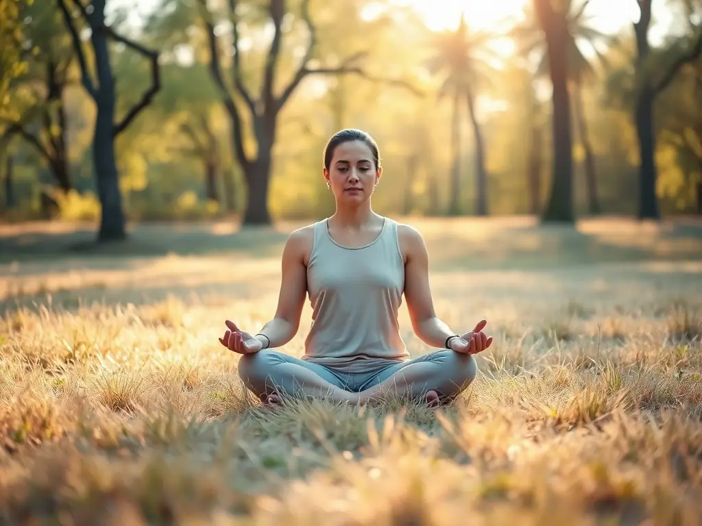 A serene image of a person meditating after a GVS gymnastics session, highlighting the mental and emotional benefits of regular exercise.