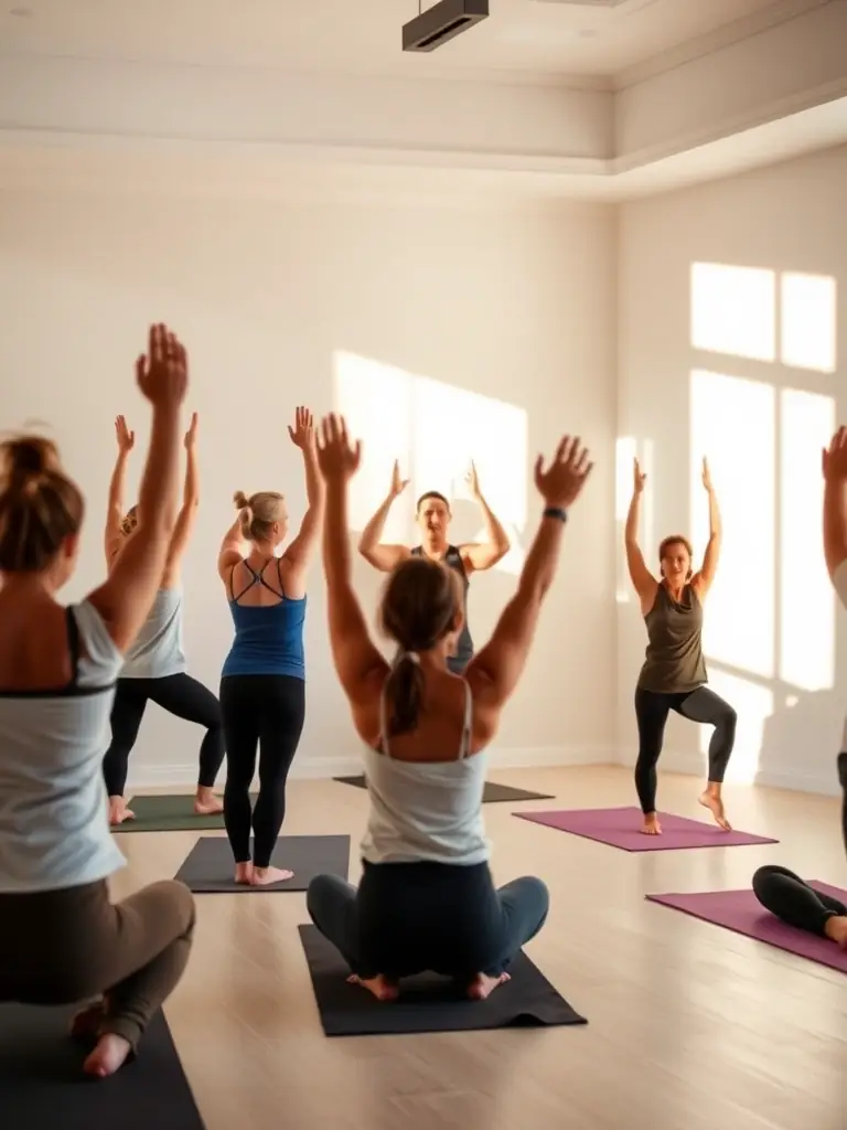 A class of young adults practicing yoga poses in a serene studio, emphasizing mindfulness and relaxation.